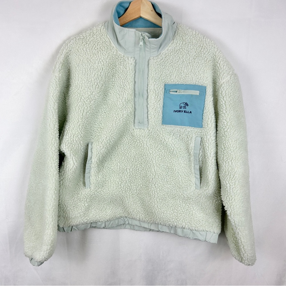 IVORY ELLA Teddy Sherpa Fleece Half Zip Sweater Jacket Light Blue Sz M
